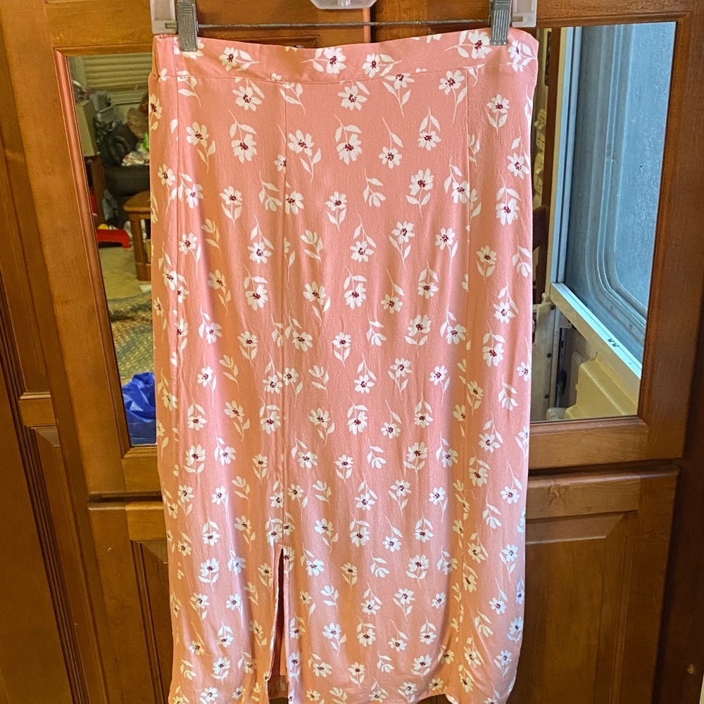 Salmon Pink & White Floral Fully Lined Medium Midi Skirt Viscose Summer Fall